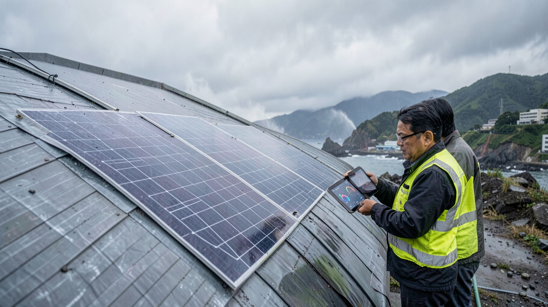 積水化学が鹿児島で実証開始、ペロブスカイト太陽電池の耐塩害と施工性のイメージ