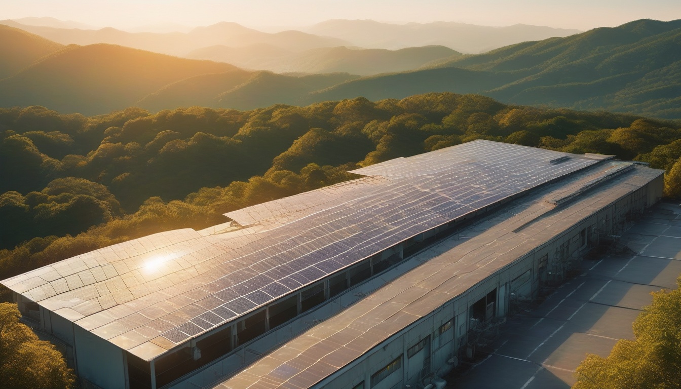 夕景の工場屋根に敷設された琥珀色のフィルム型ペロブスカイト太陽電池と深緑の丘陵