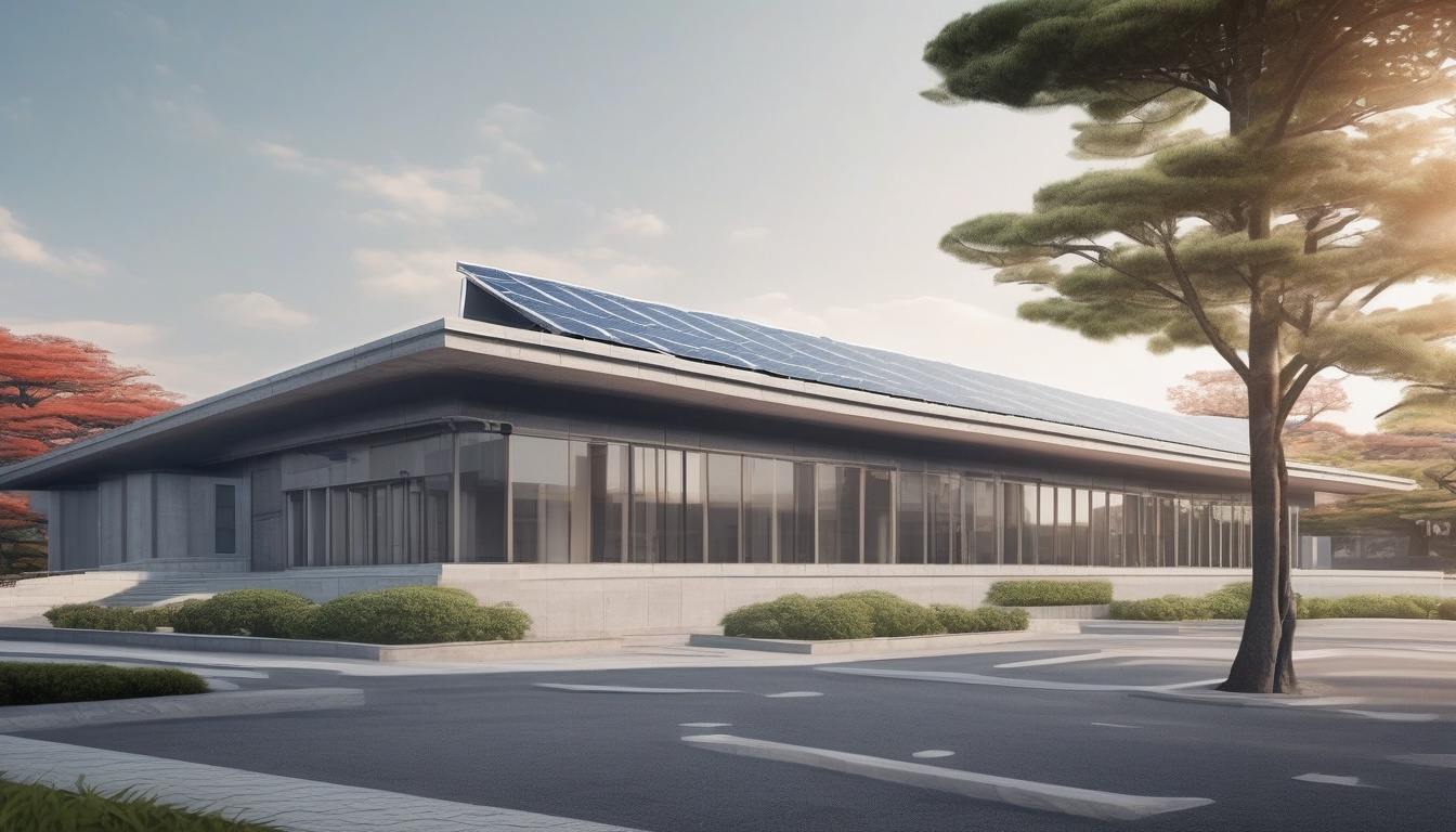 屋上に太陽光発電設備を備えた官公庁の庁舎と国旗