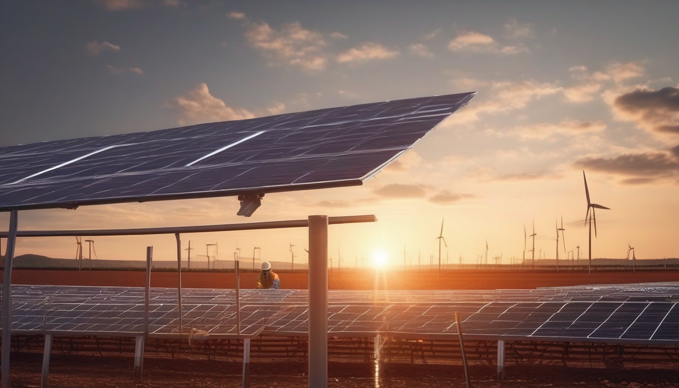 夕暮れの地平線まで広がる大規模太陽光発電所と軽量パネルの設置作業